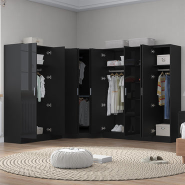 Reflect 4pc Wardrobe Bundle - 2 Door Corner + 2x 3 Door Plain + 1 Door Plain - Black Gloss & Black Oak