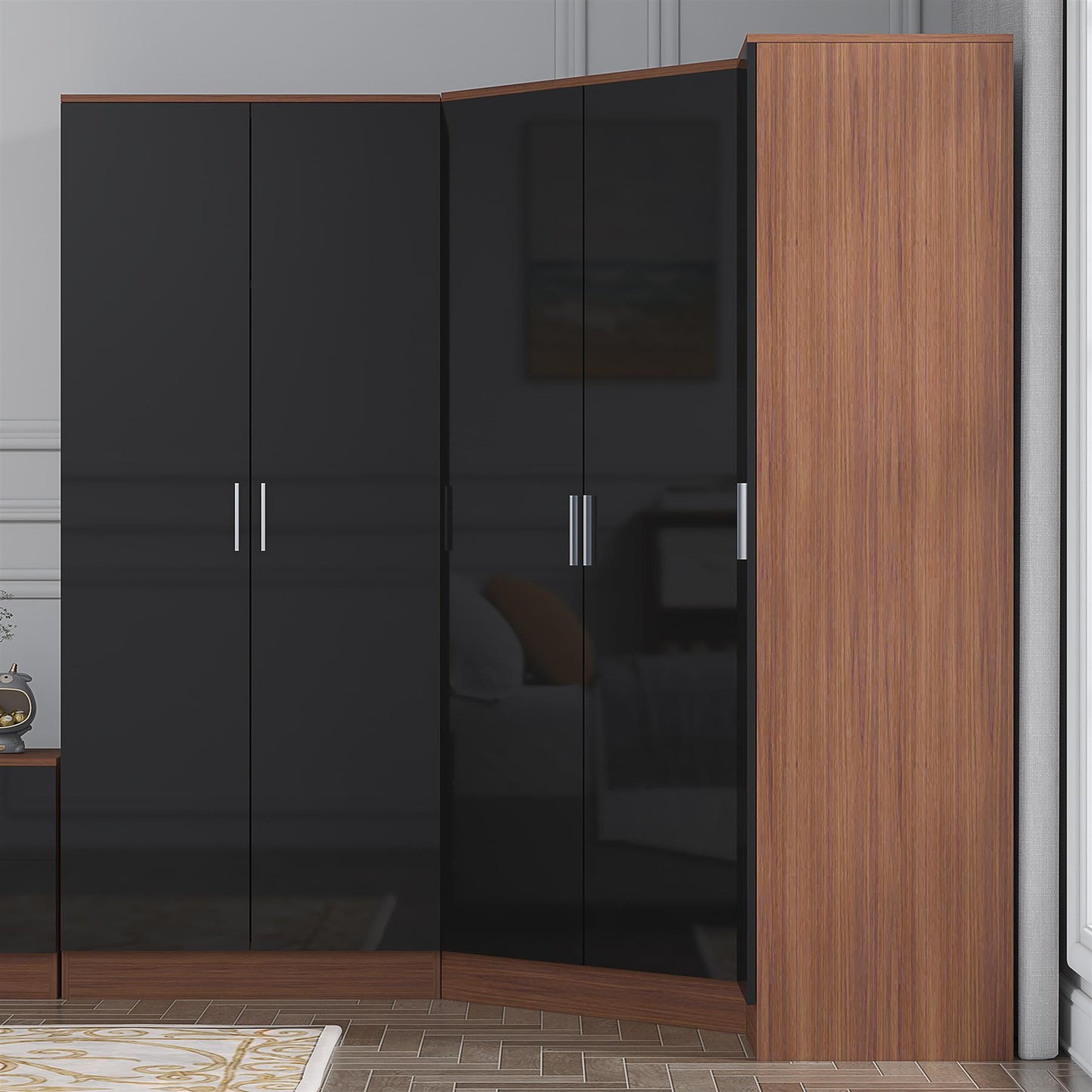 Reflect 3pc Wardrobe Bundle - 2 Door Corner + 2 Door Plain + 1 Door Plain - Black Gloss & Walnut
