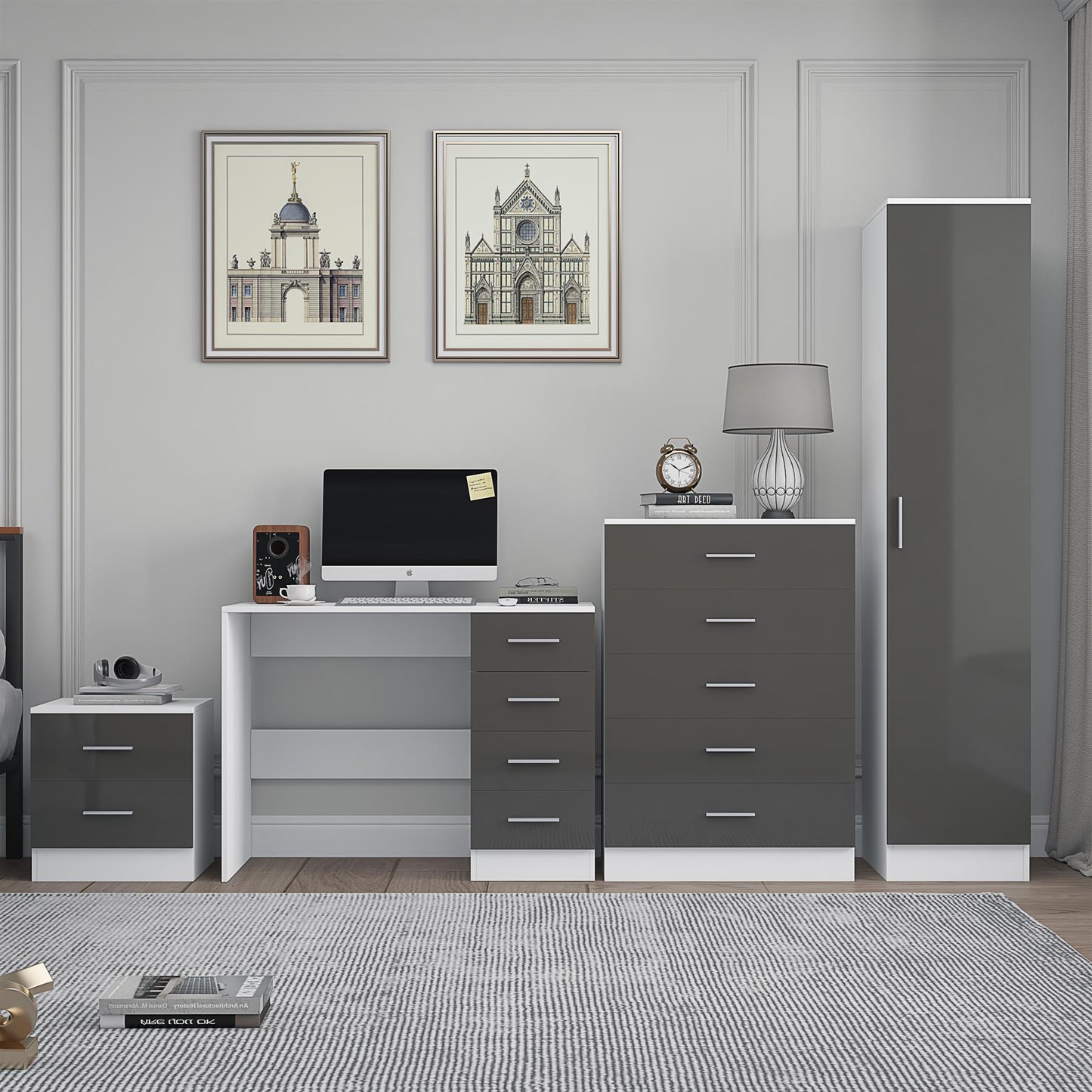 REFLECT Gloss 4pc Bedroom Set - 1 Door Wardrobe + 5 Draw Chest + Bedside + Desk