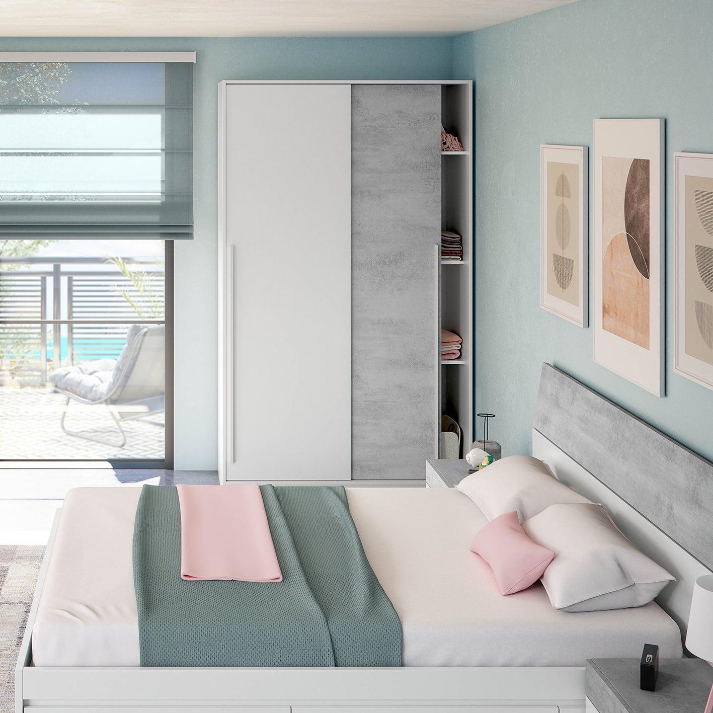 TOP 2 Door Large Modern Sliding Bedroom Wardrobe - White & Grey Finish