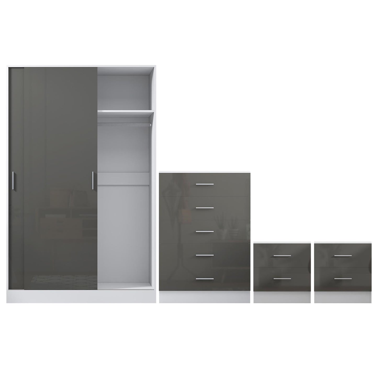 REFLECT Gloss 4pc Set - 2 Door Sliding Wardrobe + 5 Draw Chest + 2 Bedsides