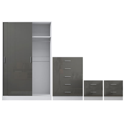 REFLECT Gloss 4pc Set - 2 Door Sliding Wardrobe + 5 Draw Chest + 2 Bedsides