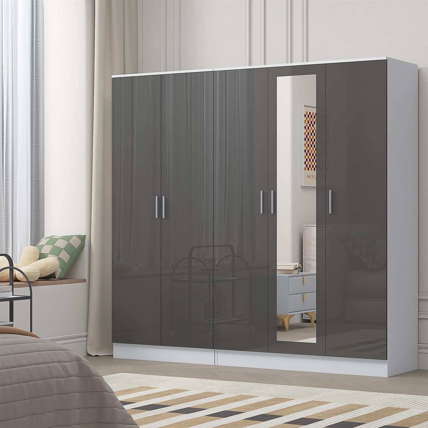 Reflect 2pc Wardrobe Bundle - 3 Door Mirror + 2 Door Plain - Grey Gloss & Matt White