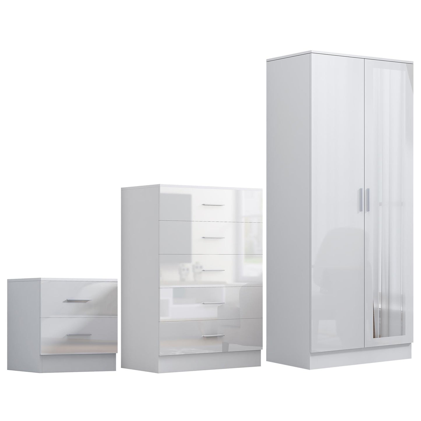 REFLECT Gloss 3pc Set - 2 Door Mirrored Wardrobe + 5 Draw Chest + Bedside