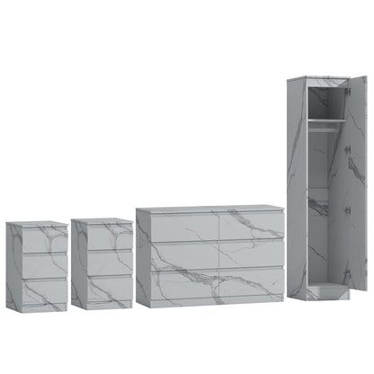 ZITA White Marble Effect 4pc Bedroom Set - 1-Door Wardrobe, Wide Chest & 2 Bedside Tables, Contemporary Bedroom Storage Solution