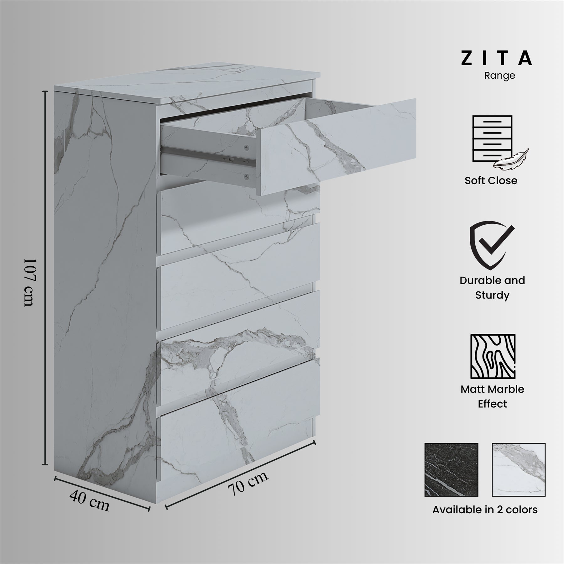 ZITA 4pc White Marble Effect Bedroom Set - 1-Door Wardrobe, Tall Chest & 2 Bedside Tables, Stylish Modern Storage Furniture