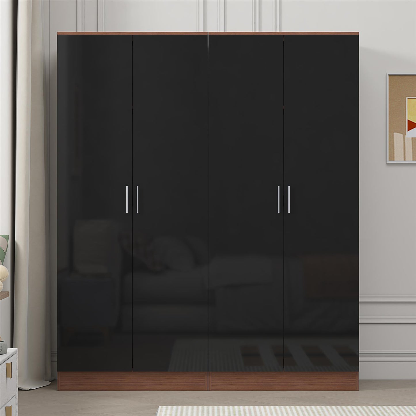 Reflect 2x 2 Door Plain Wardrobe Bundle - Black Gloss & Walnut - Hanging Rails & Shelves - Modern Sleek Design