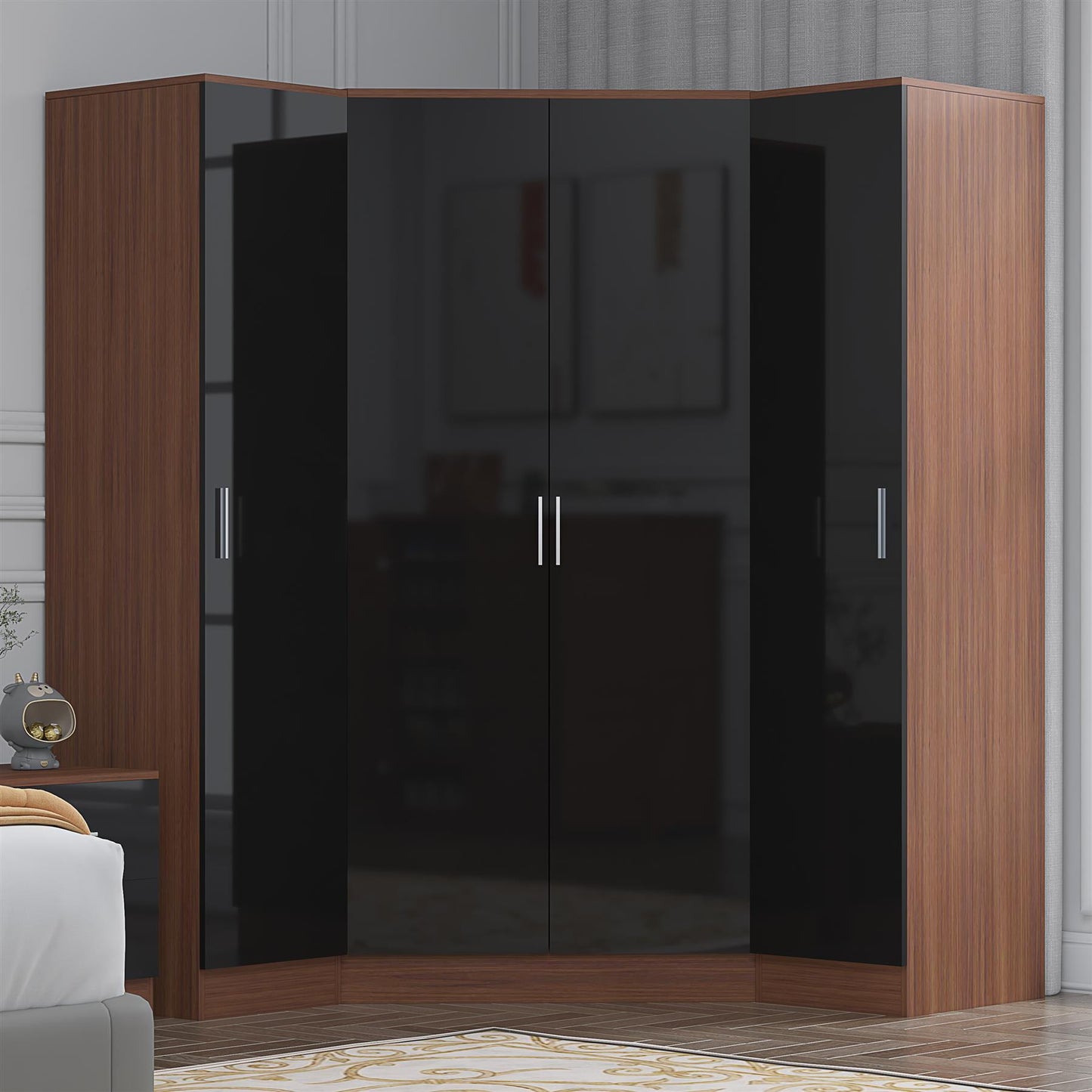Reflect 3pc Wardrobe Bundle - 2 Door Corner + 2x 1 Door Plain - Black Gloss & Walnut