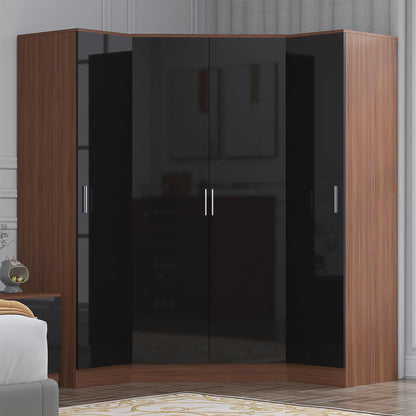 Reflect 3pc Wardrobe Bundle - 2 Door Corner + 2x 1 Door Plain - Black Gloss & Walnut