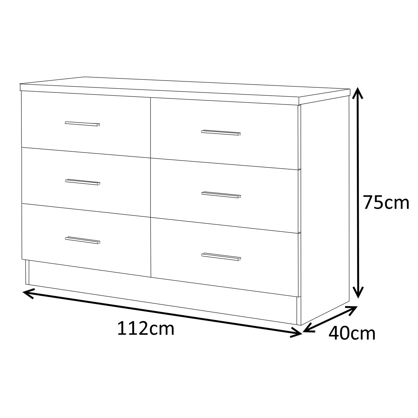 REFLECT Gloss Bedroom Furniture Wide 6 Drawer Chest of Drawers - 4 Colour Option