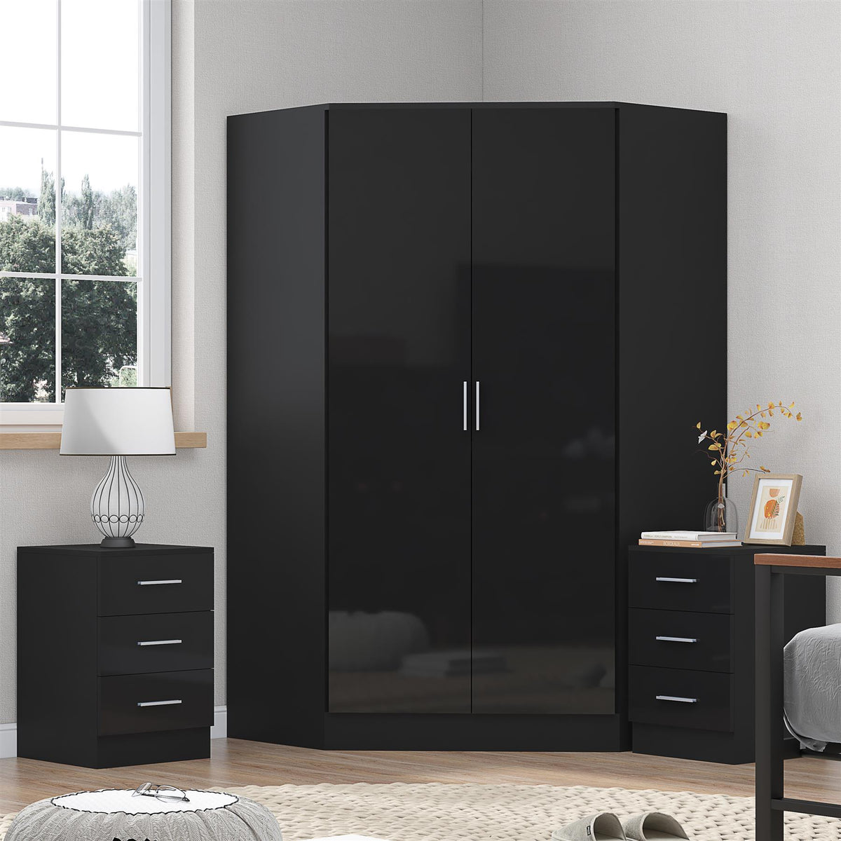Reflect 3pc Wardrobe Bundle - 2 Door Corner + 2x 3 Drawer Bedsides - Black Gloss & Black Oak
