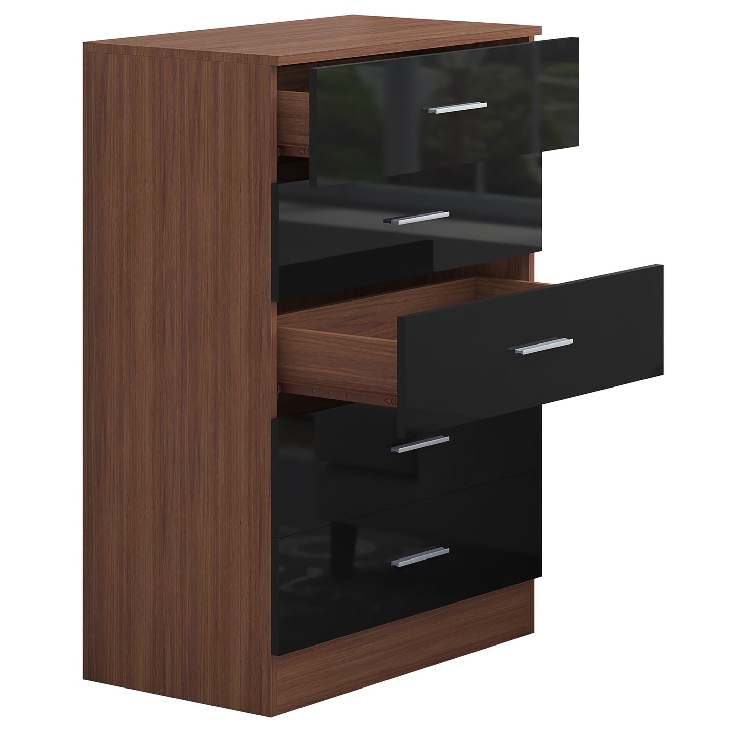 Reflect 5 Drawer Chest - Black Gloss & Walnut - Modern Vertical Bedroom Storage Unit