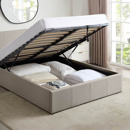 LUNA Faux Leather Gas Lift Ottoman Storage Bedframe in Beige with 4 Size Options