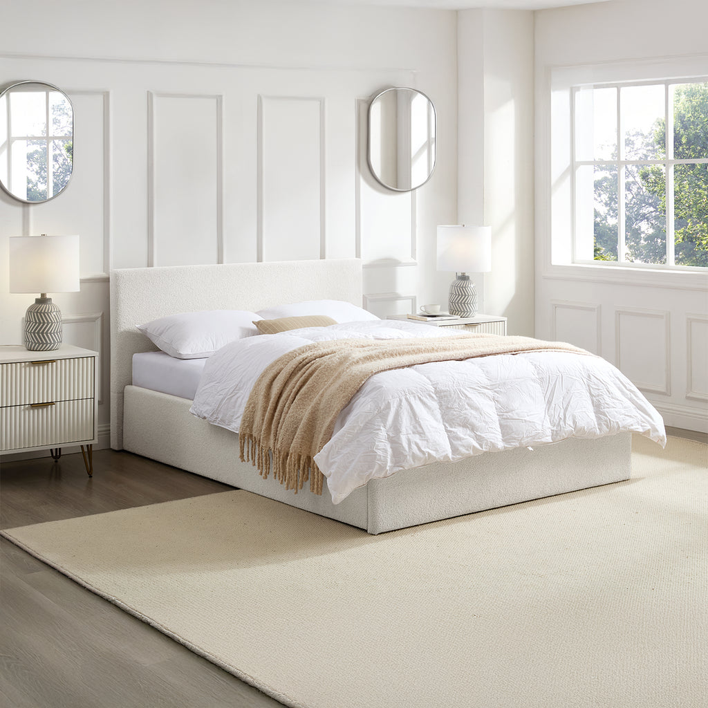 TEDDY BOUCLE 5FT King White Ottoman Storage Bed Gas Lift Up - (L) 220cm x (W) 170cm (H) 113cm with 15cm Memory Foam Mattress