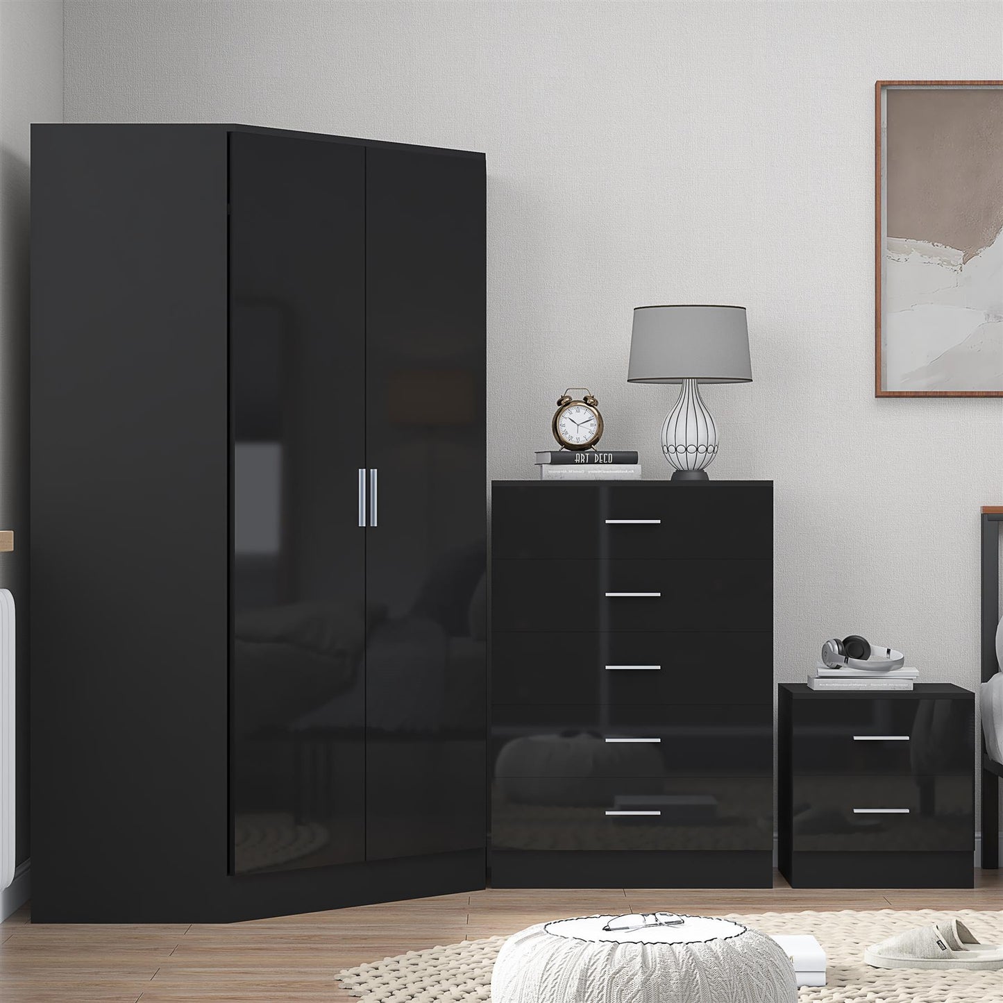 Reflect 2 Door Corner Wardrobe, 5 Drawer Chest, 2 Drawer Bedside - Black Gloss & Black Oak - Bedroom Furniture Set