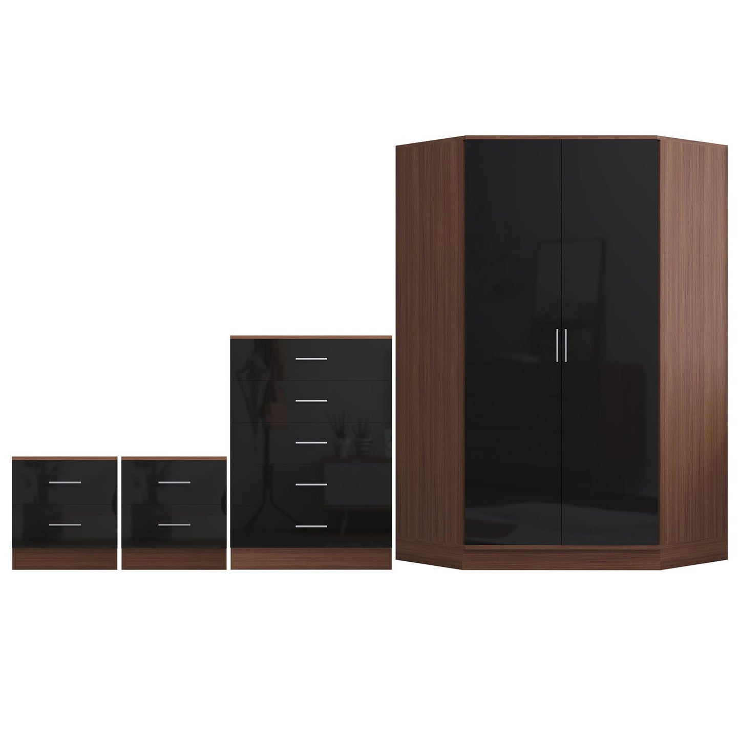 Reflect 2 Door Corner Wardrobe, 5 Drawer Chest, 2x 2 Drawer Bedsides - Black Gloss & Walnut - Bedroom Furniture Set