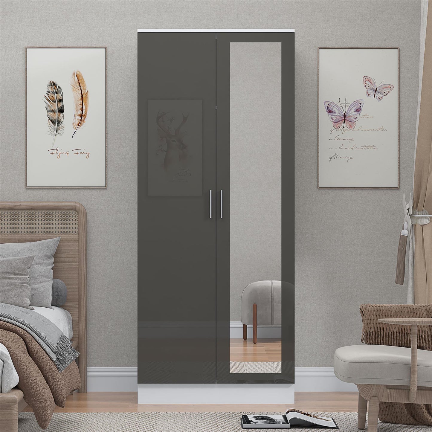 Reflect 2 Door Mirrored Wardrobe - Grey Gloss & Matt White - Hanging Rails & Shelves - Modern Sleek Design