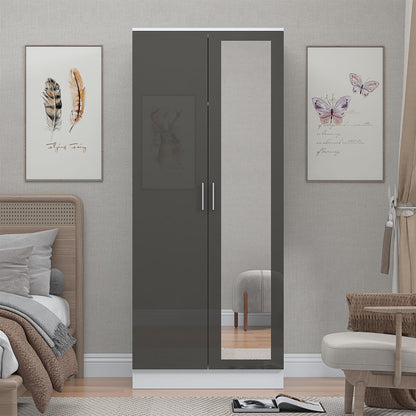 Reflect 2 Door Mirrored Wardrobe - Grey Gloss & Matt White - Hanging Rails & Shelves - Modern Sleek Design