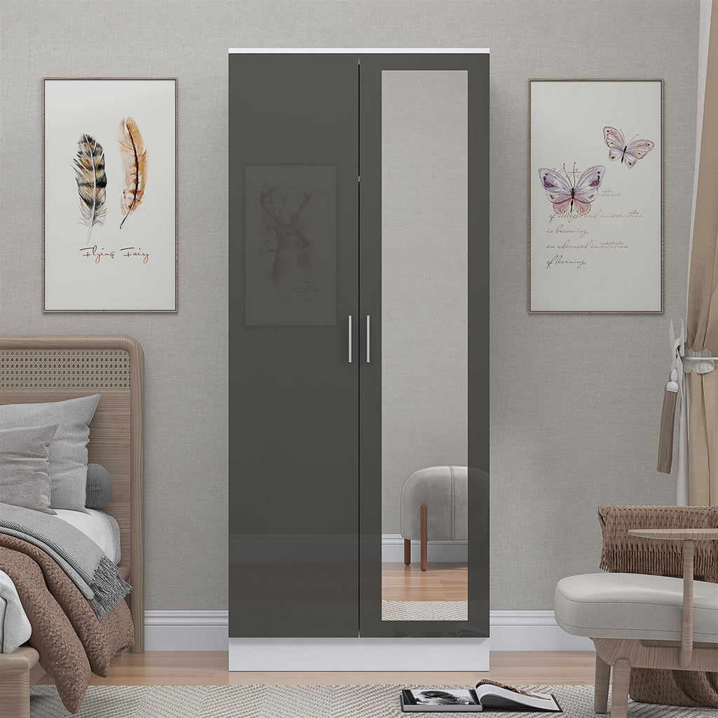 Reflect 2 Door Mirrored Wardrobe - Grey Gloss & Matt White - Hanging Rails & Shelves - H: 180cm x W: 76cm - Modern Sleek Design