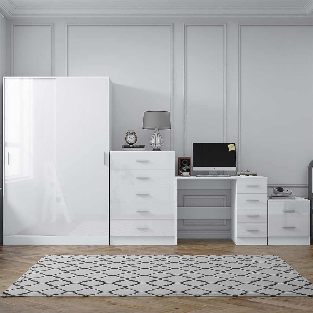 Reflect 2 Door Sliding Wardrobe, 5 Drawer Chest, 2 Drawer Bedside & Desk - White Gloss & Matt White - Modern Bedroom Furniture Set