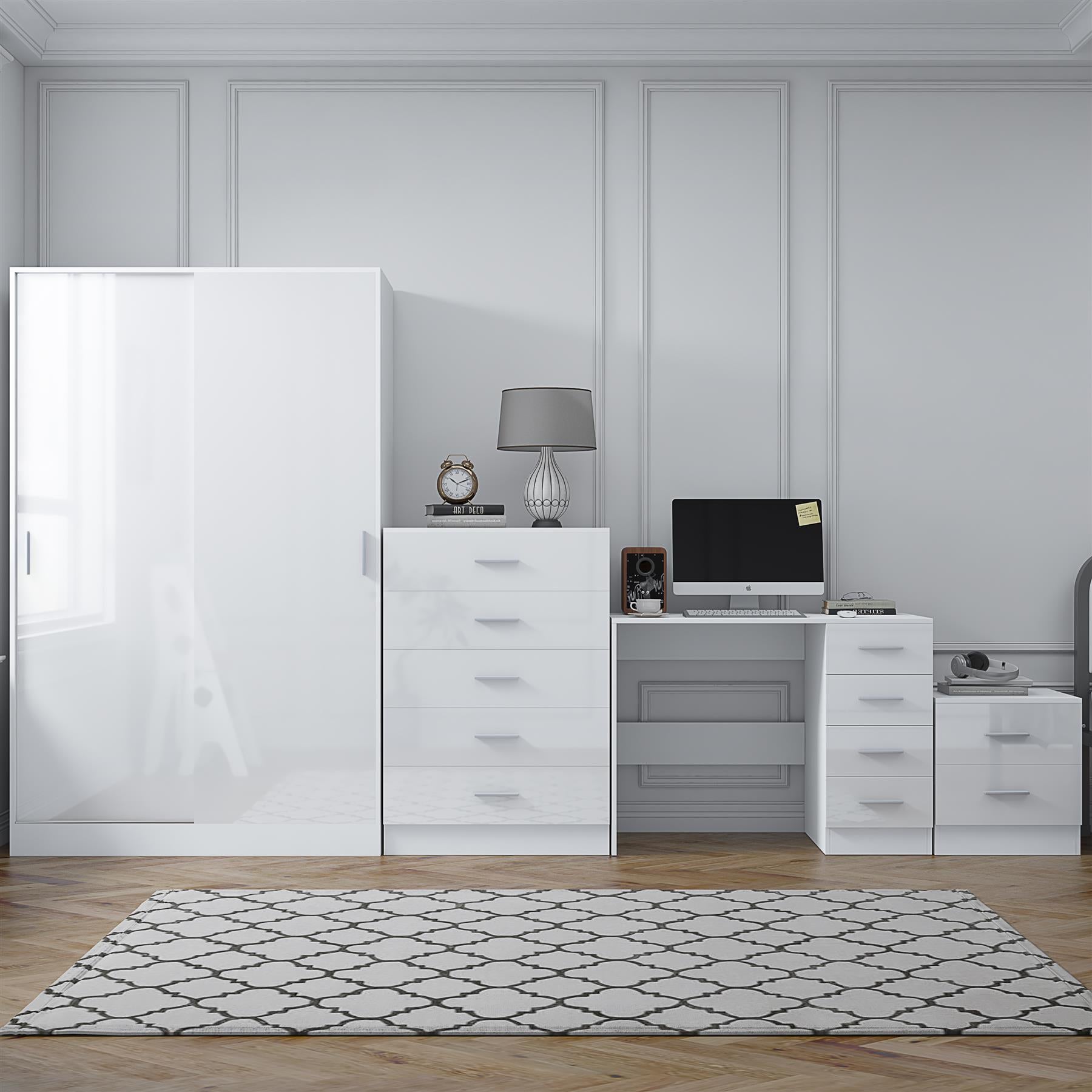 Reflect 2 Door Sliding Wardrobe, 5 Drawer Chest, 2 Drawer Bedside & Desk - White Gloss & Matt White - Modern Bedroom Furniture Set