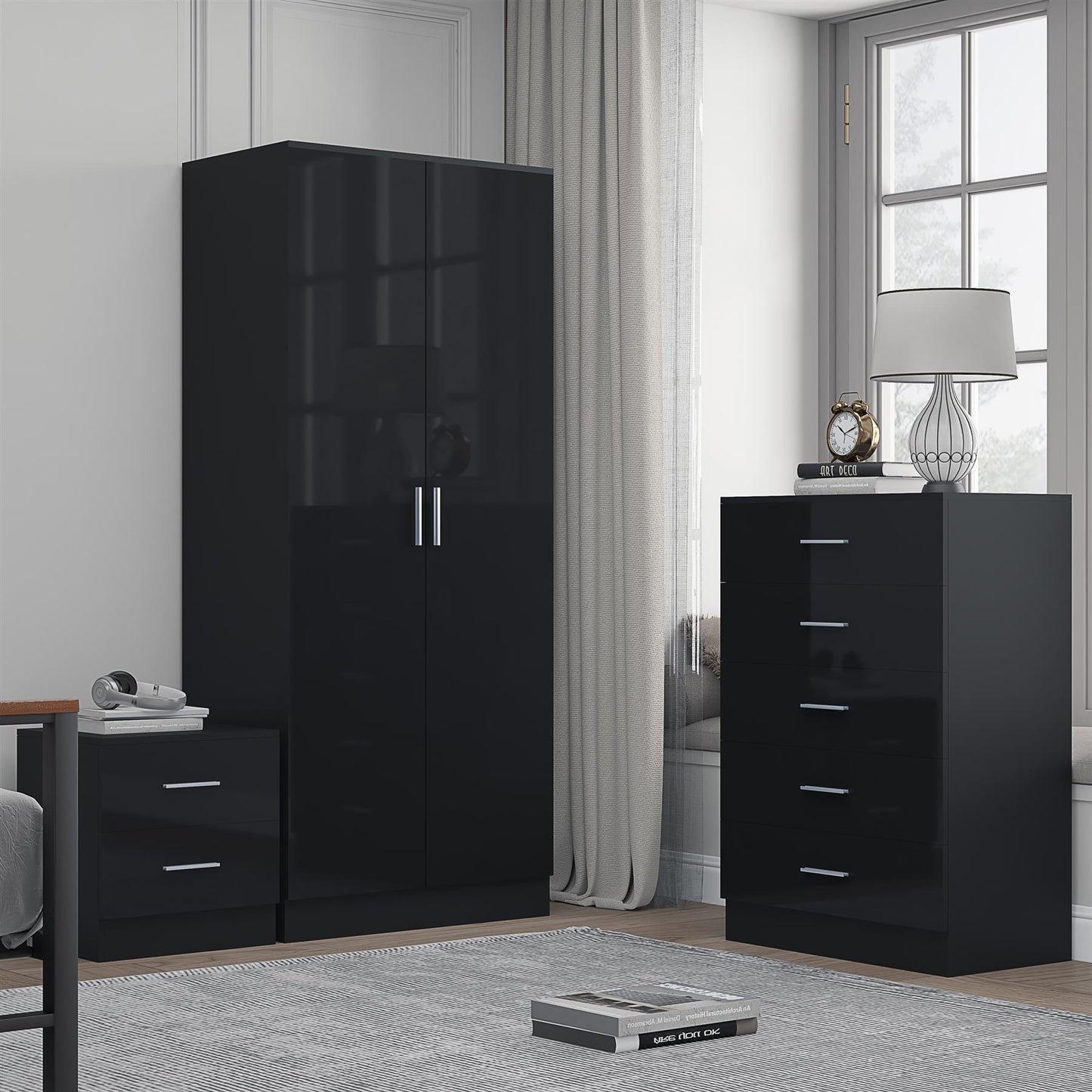 REFLECT Gloss 3pc Bedroom Set - 2 Door Wardrobe + 5 Draw Chest + Bedside