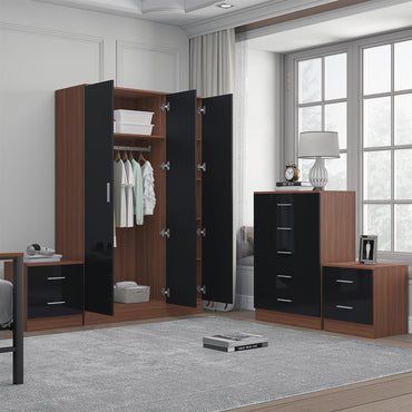 Reflect 3 Door Mirror Wardrobe, 5 Drawer Chest, 2x 2 Drawer Bedsides - Black Gloss & Walnut - Modern Bedroom Furniture Set