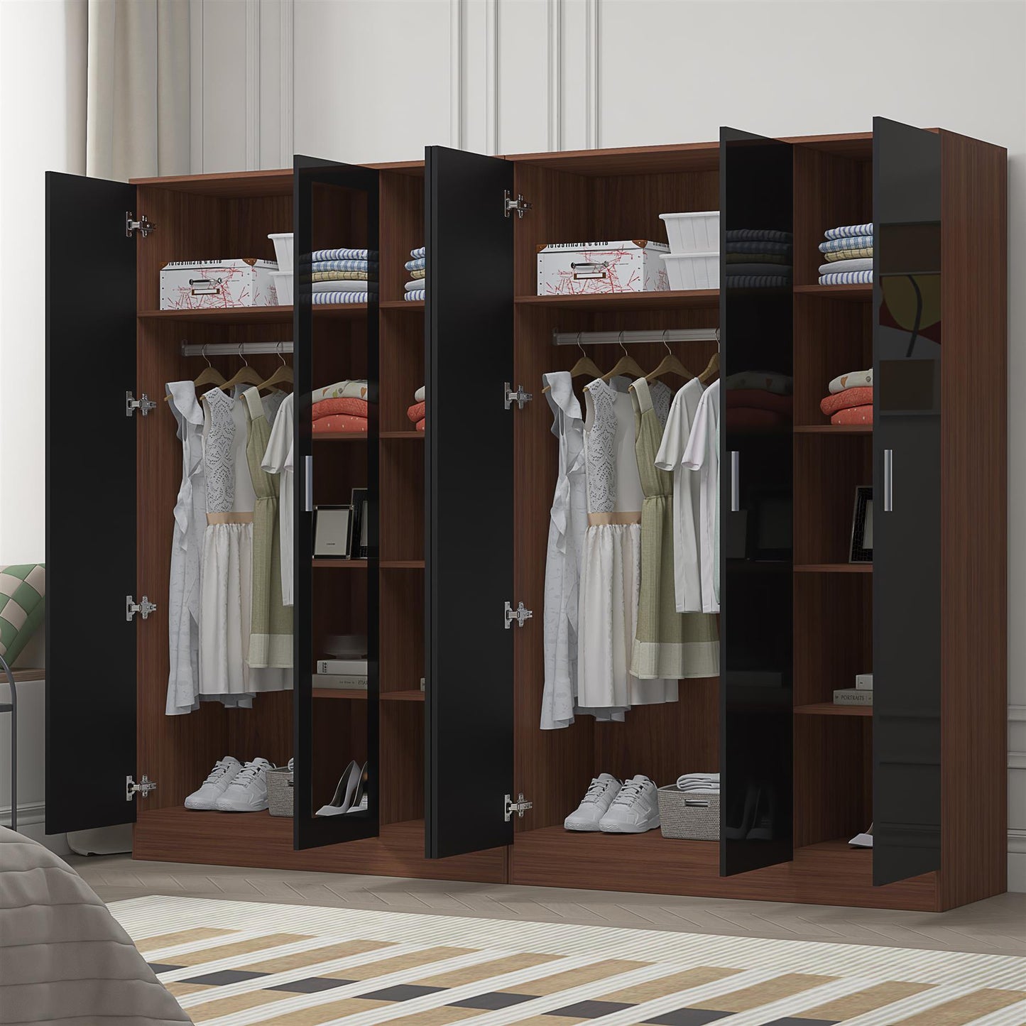 Reflect 2pc Wardrobe Bundle - 3 Door Mirror + 3 Door Plain - Black Gloss & Walnut