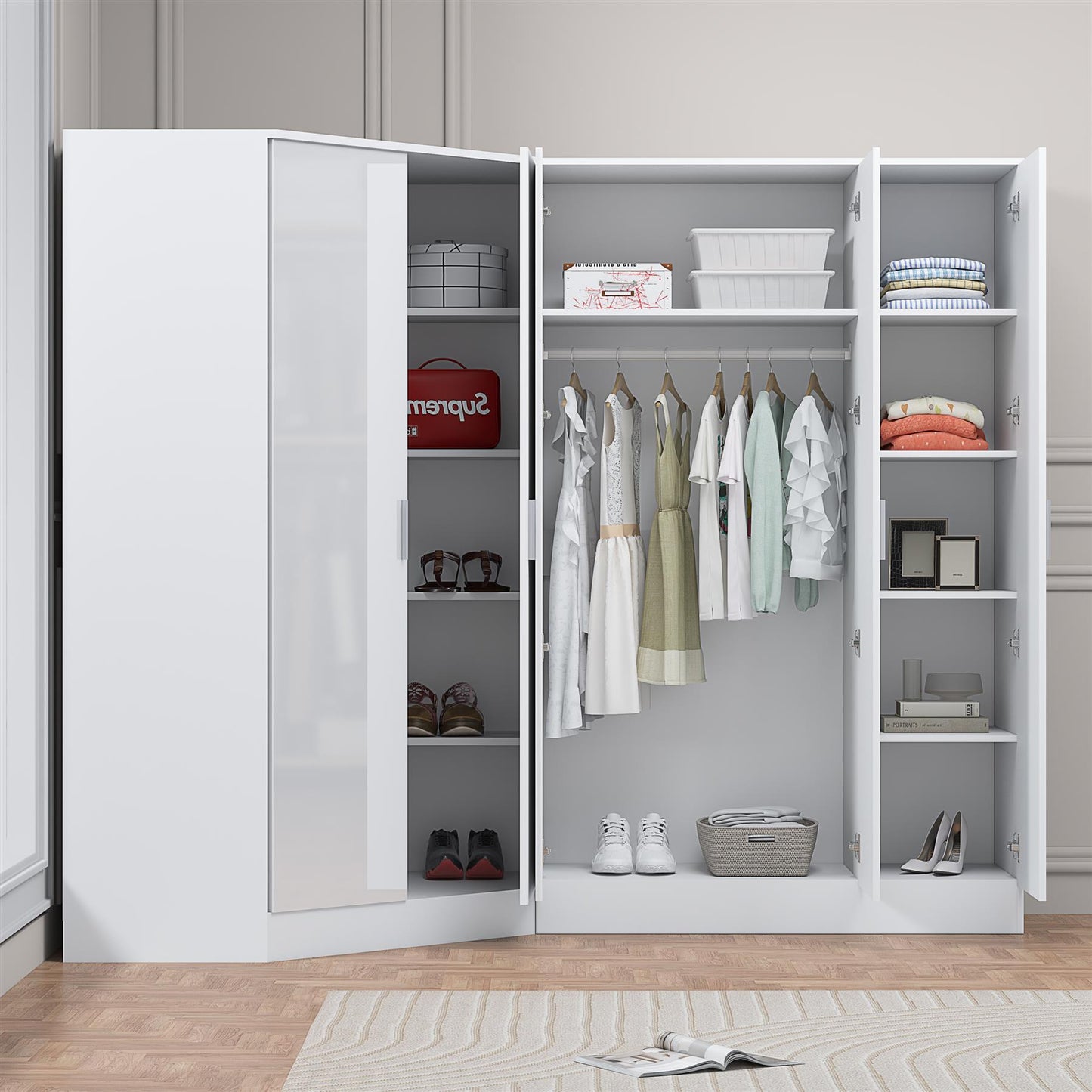 Reflect 2pc Wardrobe Bundle - 2 Door Corner + 3 Door Plain - White Gloss & Matt White