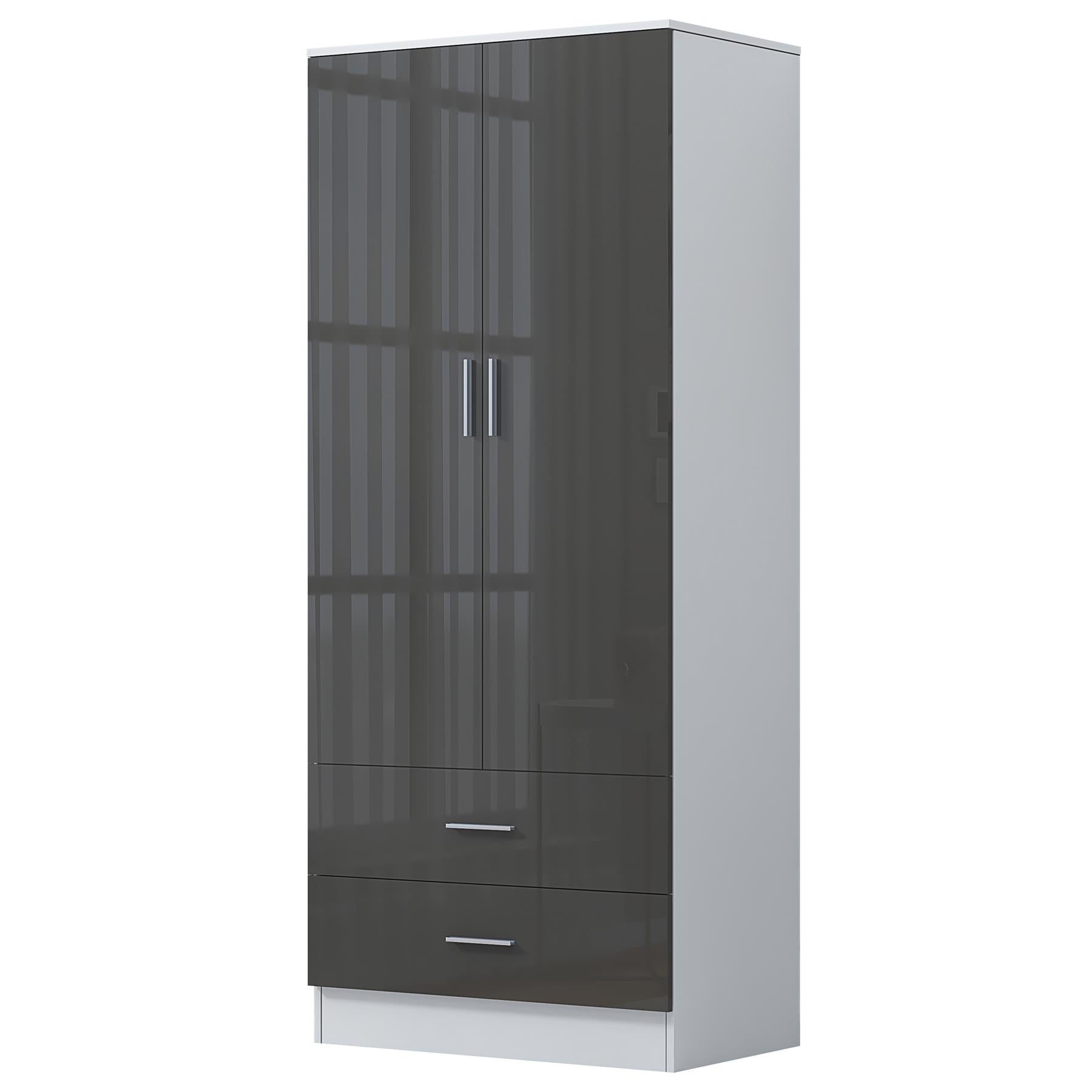 Reflect 2 Door 2 Drawer Combi Plain Wardrobe - Grey Gloss & Matt White - Hanging Rails, Drawers & Shelf - H: 180cm x W: 76cm