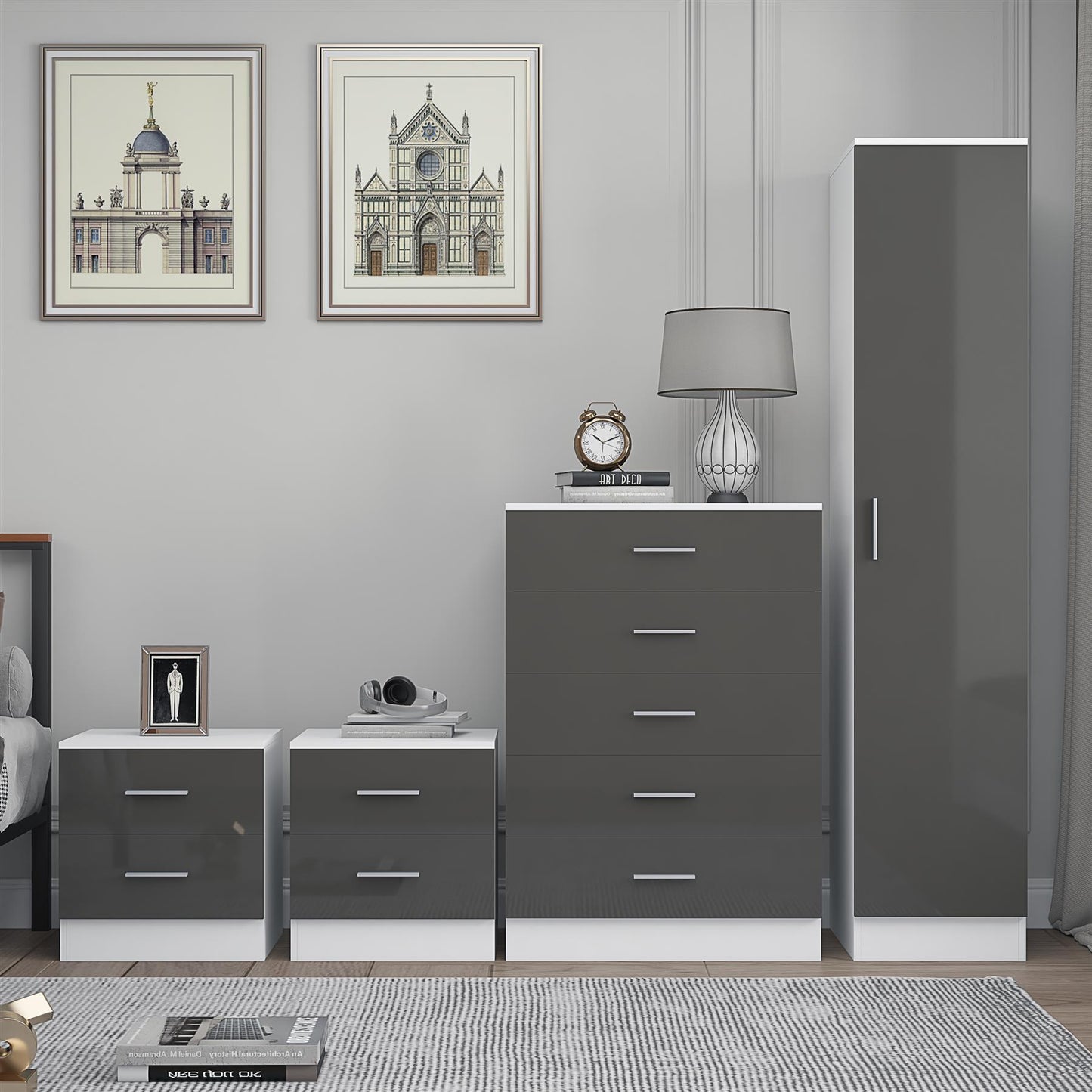 REFLECT Gloss 4pc Bedroom Set - 1 Door Wardrobe + 5 Draw Chest + 2 Bedsides