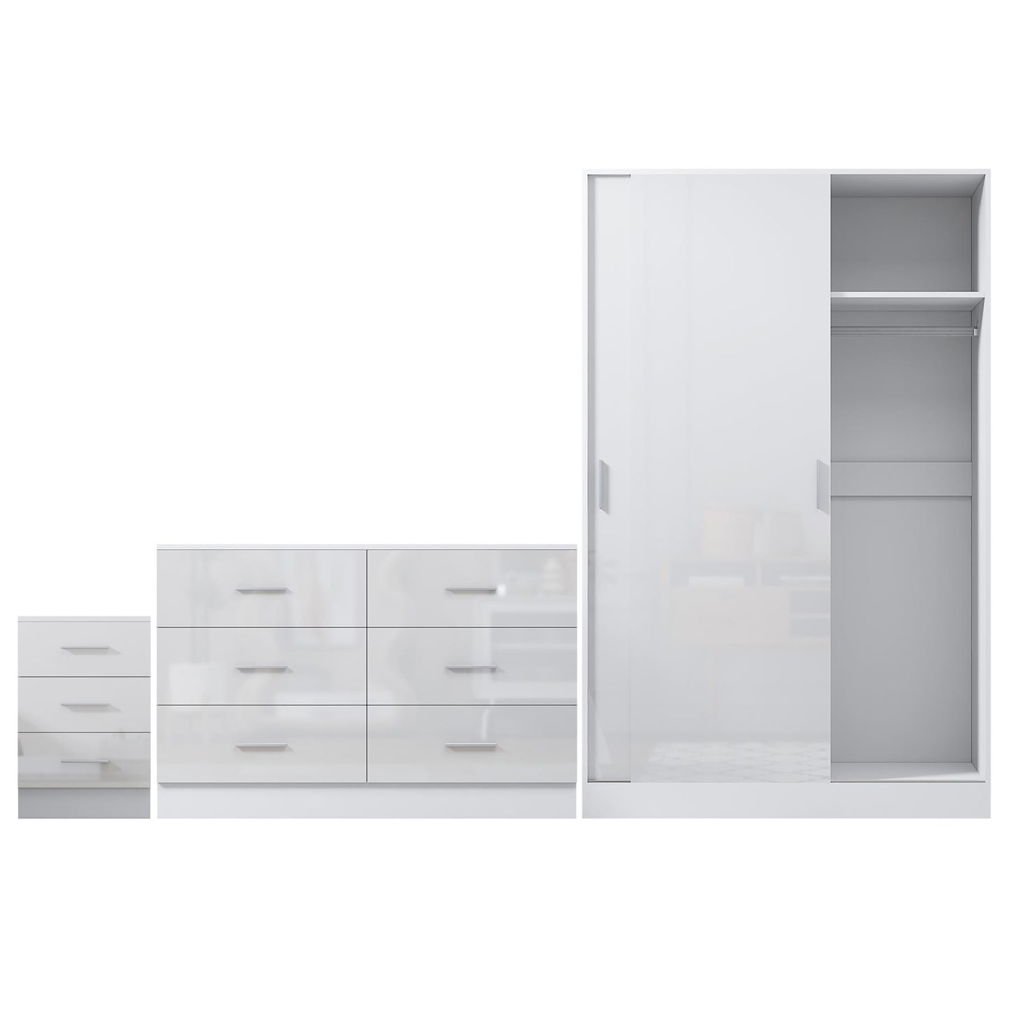 REFLECT Gloss 3pc Set - 2 Door Sliding Wardrobe + Wide Chest + Tall Bedside