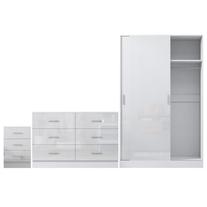 Reflect 2 Door Sliding Wardrobe, 6 Drawer Wide Chest, 3 Drawer Bedside - White Gloss & Matt White - Modern Bedroom Furniture Set