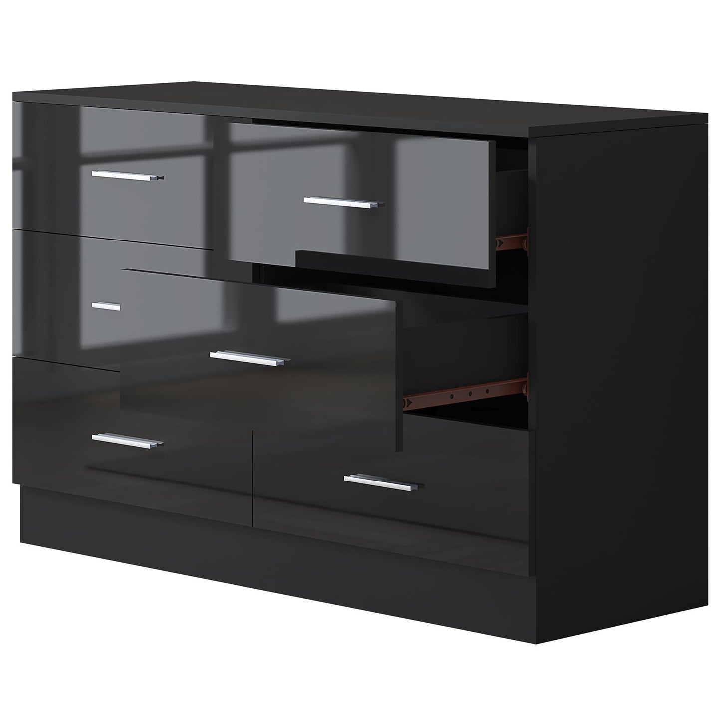 Reflect Wide 6 Drawer Chest - Black Gloss & Matt Black - Modern Bedroom Storage Unit with Drawers