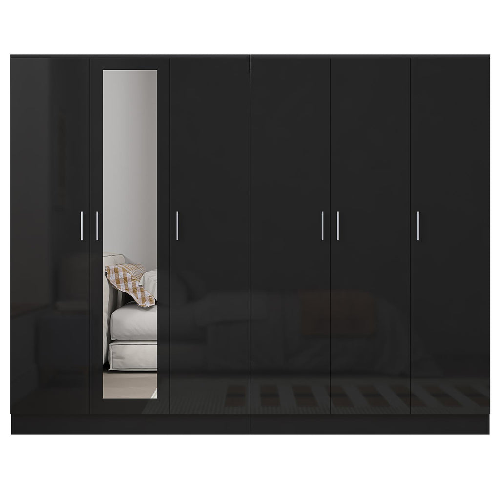 REFLECT - 3 Door MIRROR + 3 Door PLAIN Wardrobe - Gloss Black / Matt Black
