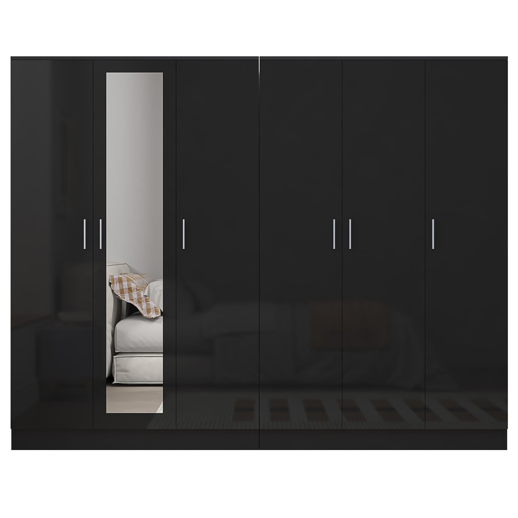 REFLECT - 3 Door MIRROR + 3 Door PLAIN Wardrobe - Gloss Black / Matt Black
