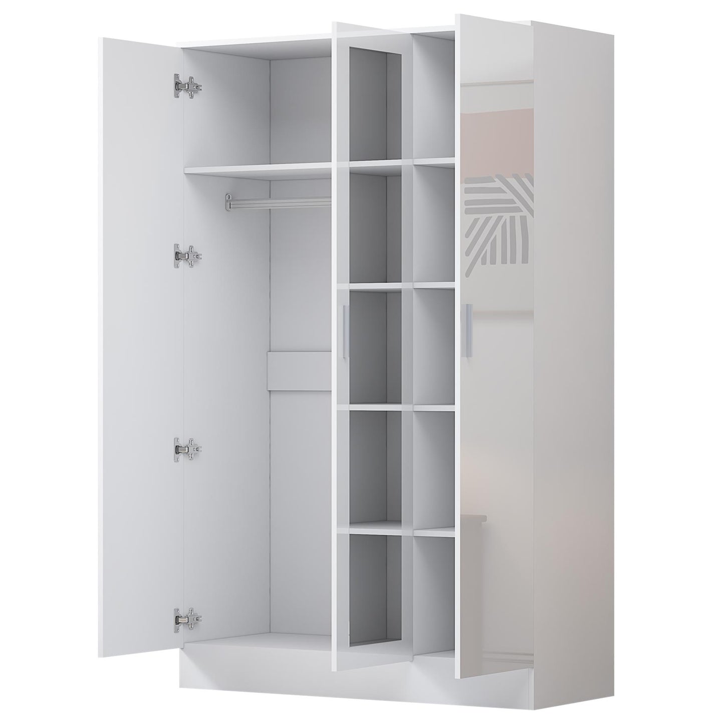 Reflect 3 Door Mirror Wardrobe-White Gloss & Matt White-Hanging Rail & 4 Shelves - Modern Design