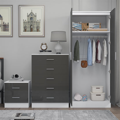 REFLECT Gloss 3pc Bedroom Set - 2 Door Wardrobe + 5 Draw Chest + Bedside