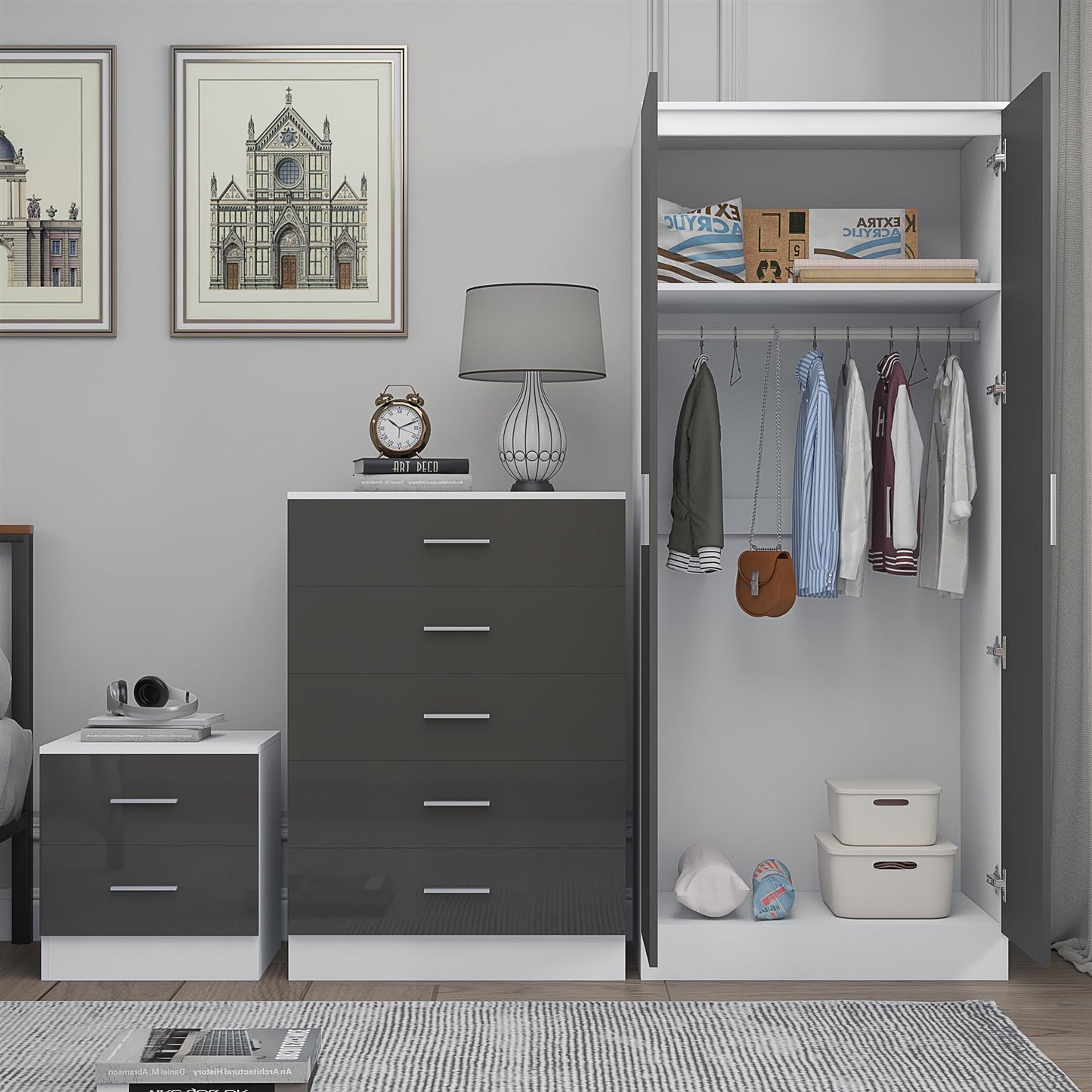 Reflect 2 Door Plain Wardrobe, 5 Drawer Chest, 2 Drawer Bedside - Grey Gloss & Matt White - Modern Bedroom Furniture Set
