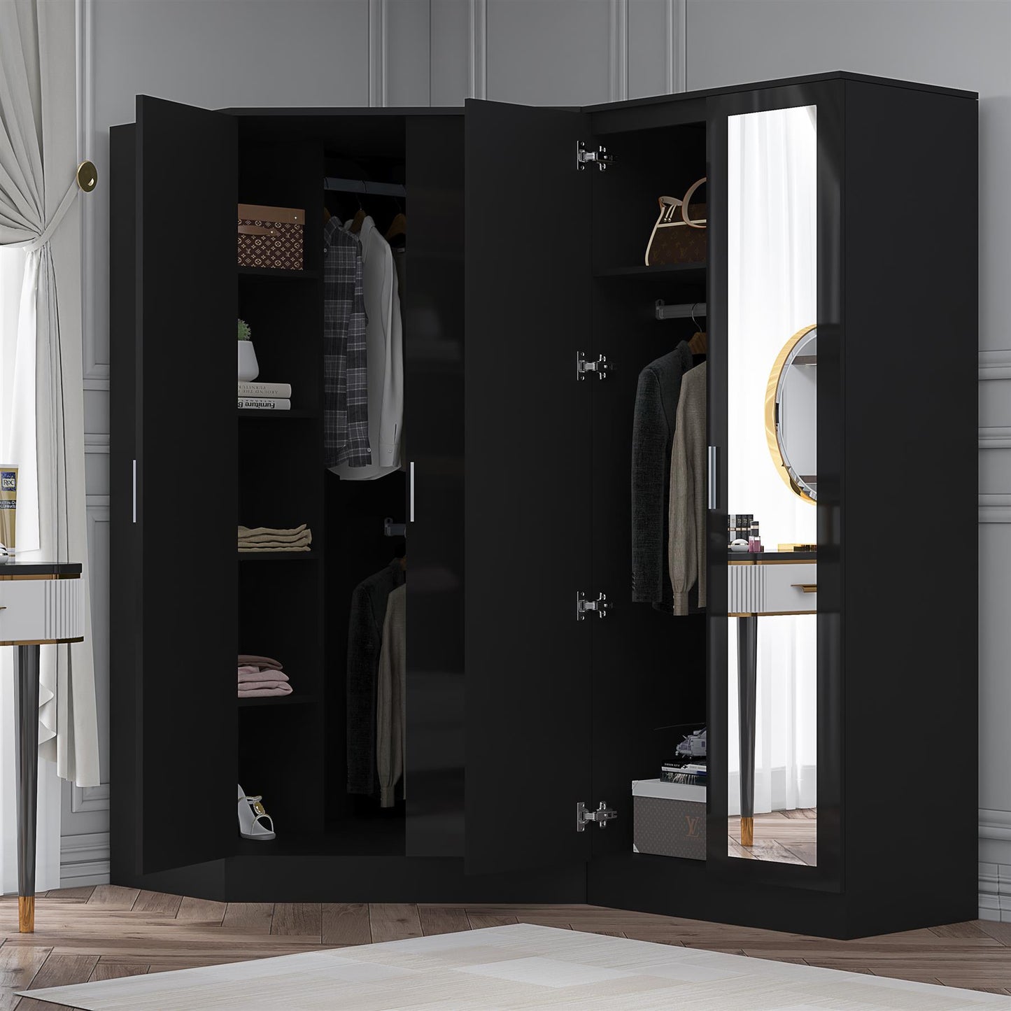 Reflect 2pc Wardrobe Bundle - 2 Door Corner + 2 Door Mirror - Black Gloss & Black Oak