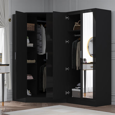 Reflect 2pc Wardrobe Bundle - 2 Door Corner + 2 Door Mirror - Black Gloss & Black Oak
