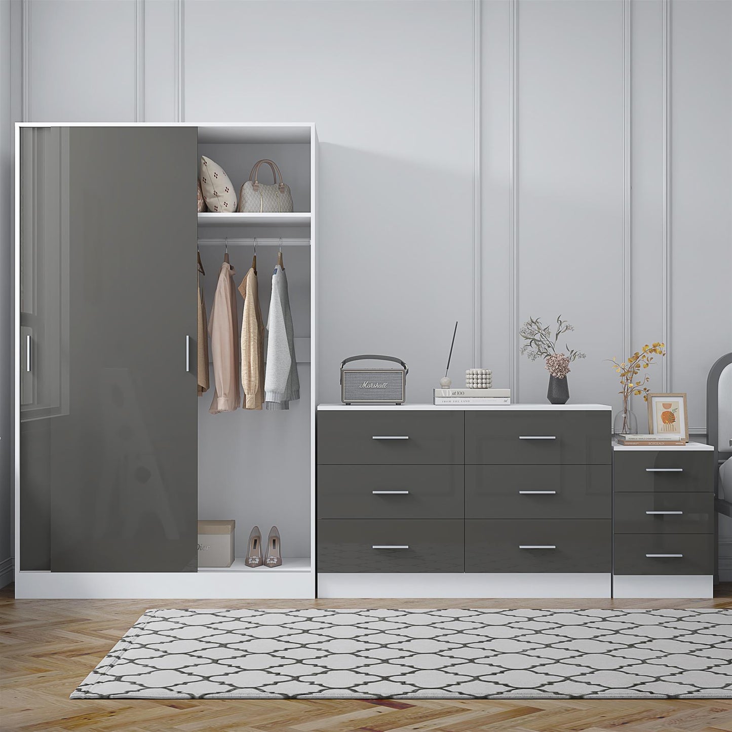REFLECT Gloss 3pc Set - 2 Door Sliding Wardrobe + Wide Chest + Tall Bedside