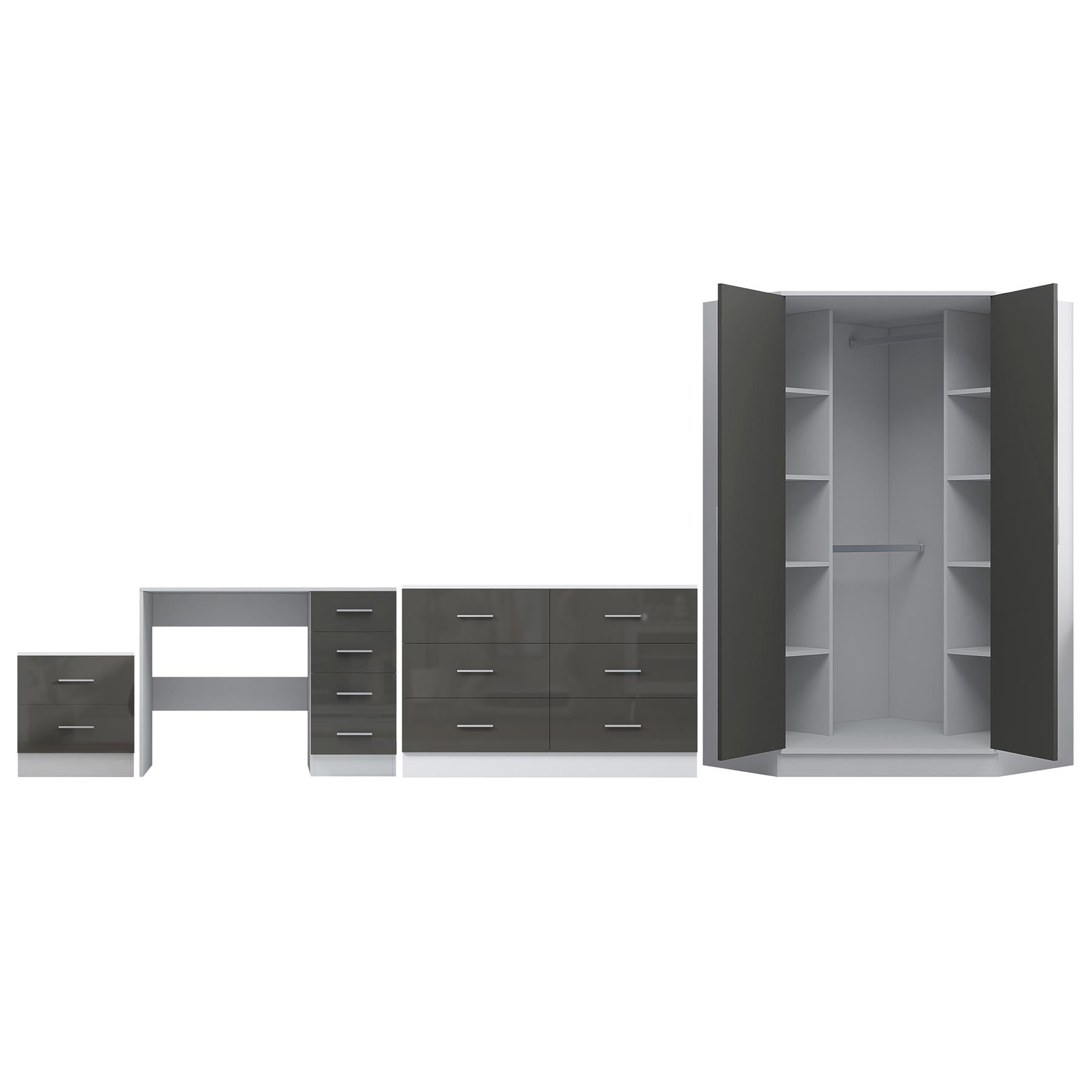 REFLECT - 2 Door CORNER + 6 Drawer Chest + 2 Drawer Bedside + 4 Drawer Desk - Gloss Grey / Matt White