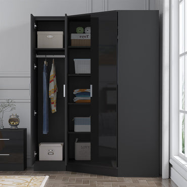 Reflect 2pc Wardrobe Bundle - 2 Door Corner + 1 Door Plain - Black Gloss & Black Oak