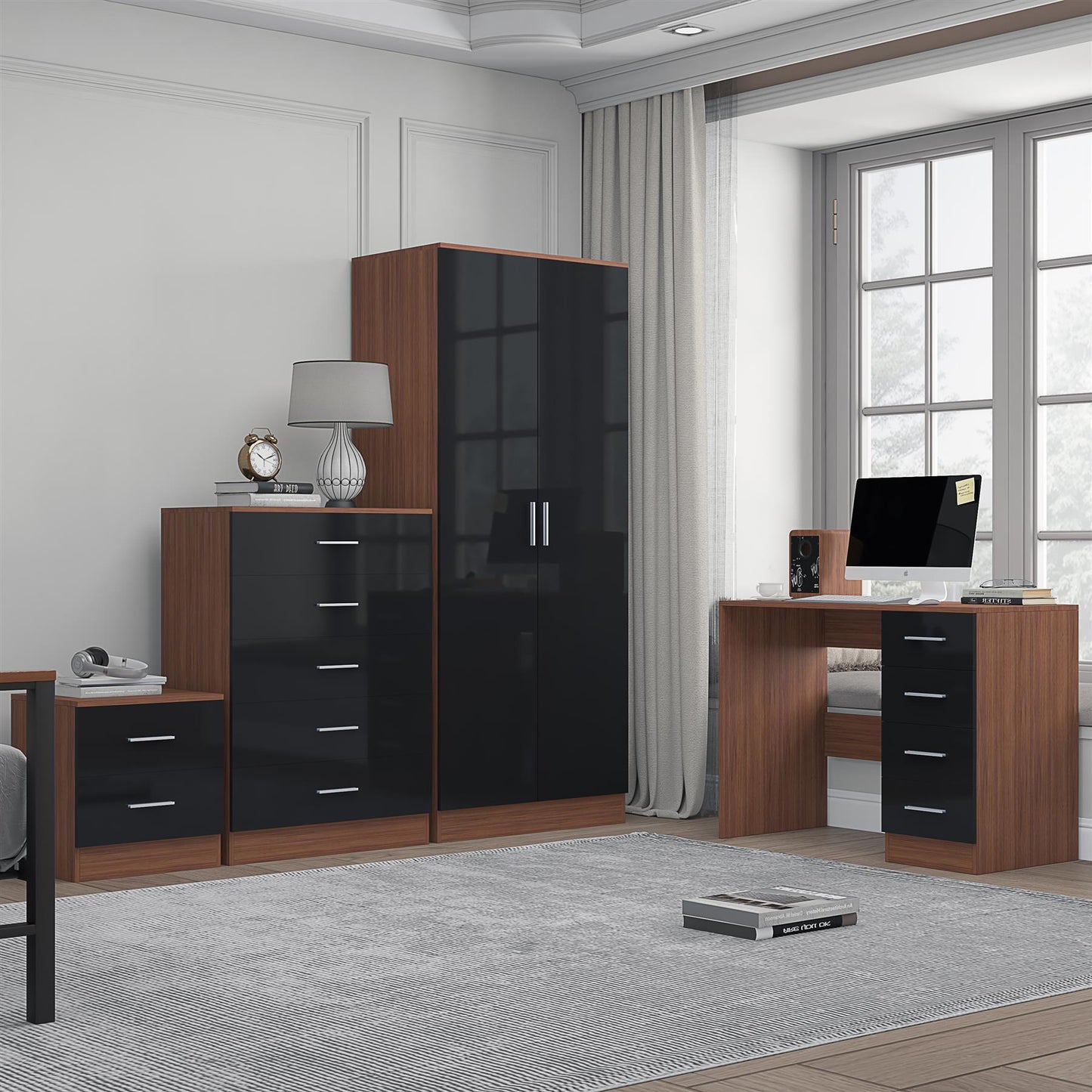 REFLECT Gloss 4pc Bedroom Set - 2 Door Wardrobe + 5 Draw Chest + Bedside + Desk