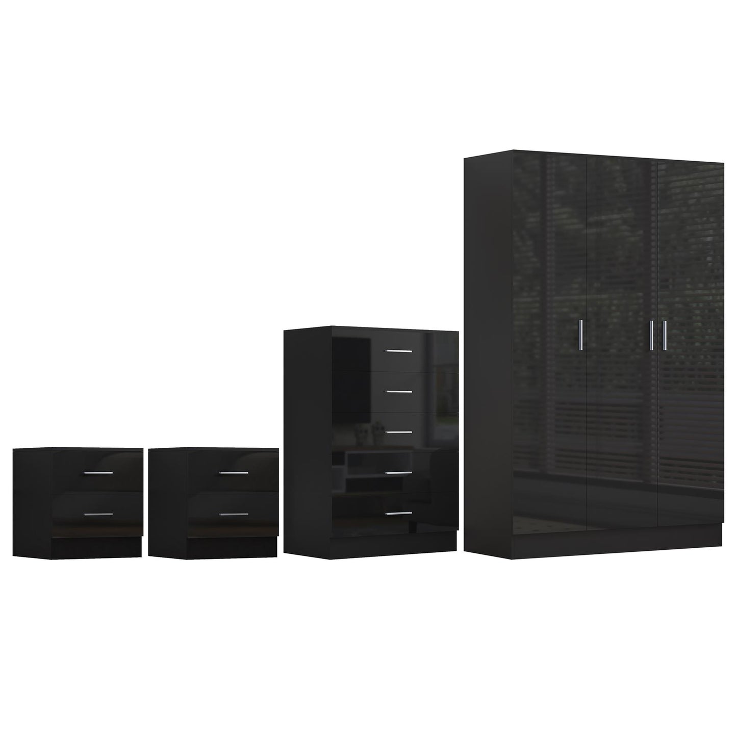 Reflect 3 Door Plain Wardrobe, 5 Drawer Chest, 2x 2 Drawer Bedsides - Black Gloss & Black Oak - Modern Bedroom Furniture Set
