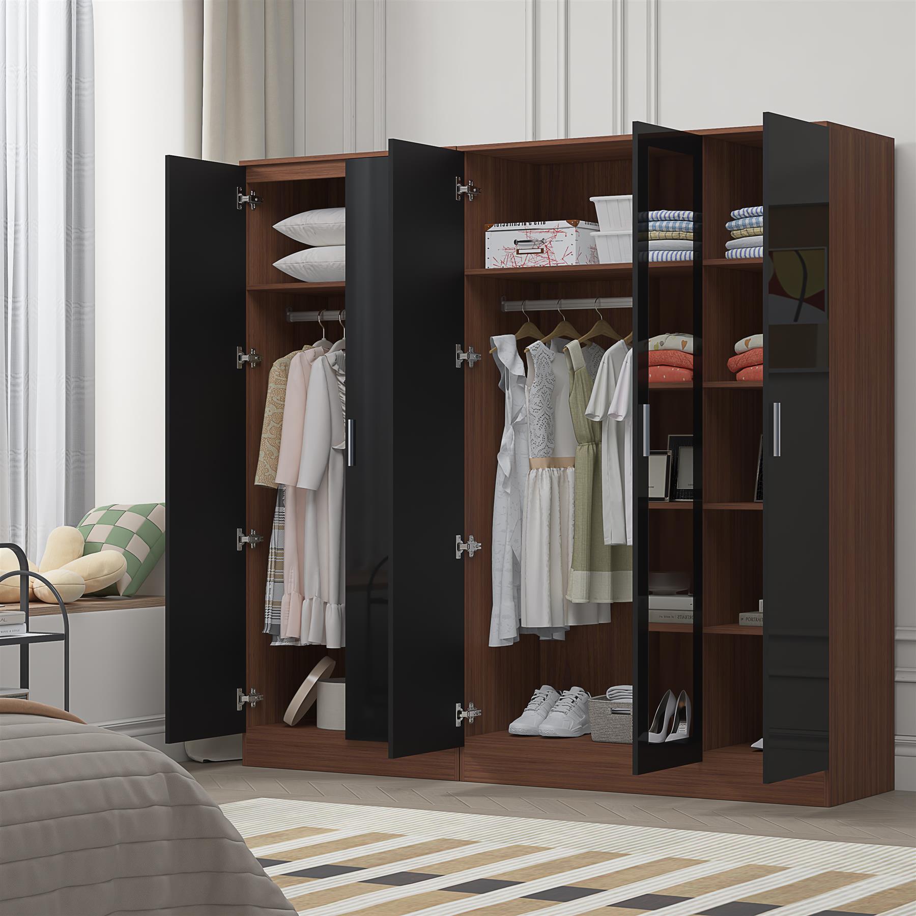 REFLECT - 3 Door MIRROR + 2 Door PLAIN Wardrobe - Gloss Black / Matt Walnut
