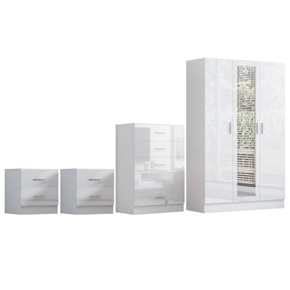 Reflect 3 Door Mirror Wardrobe, 5 Drawer Chest, 2x 2 Drawer Bedsides - White Gloss & Matt White - Modern Bedroom Furniture Set