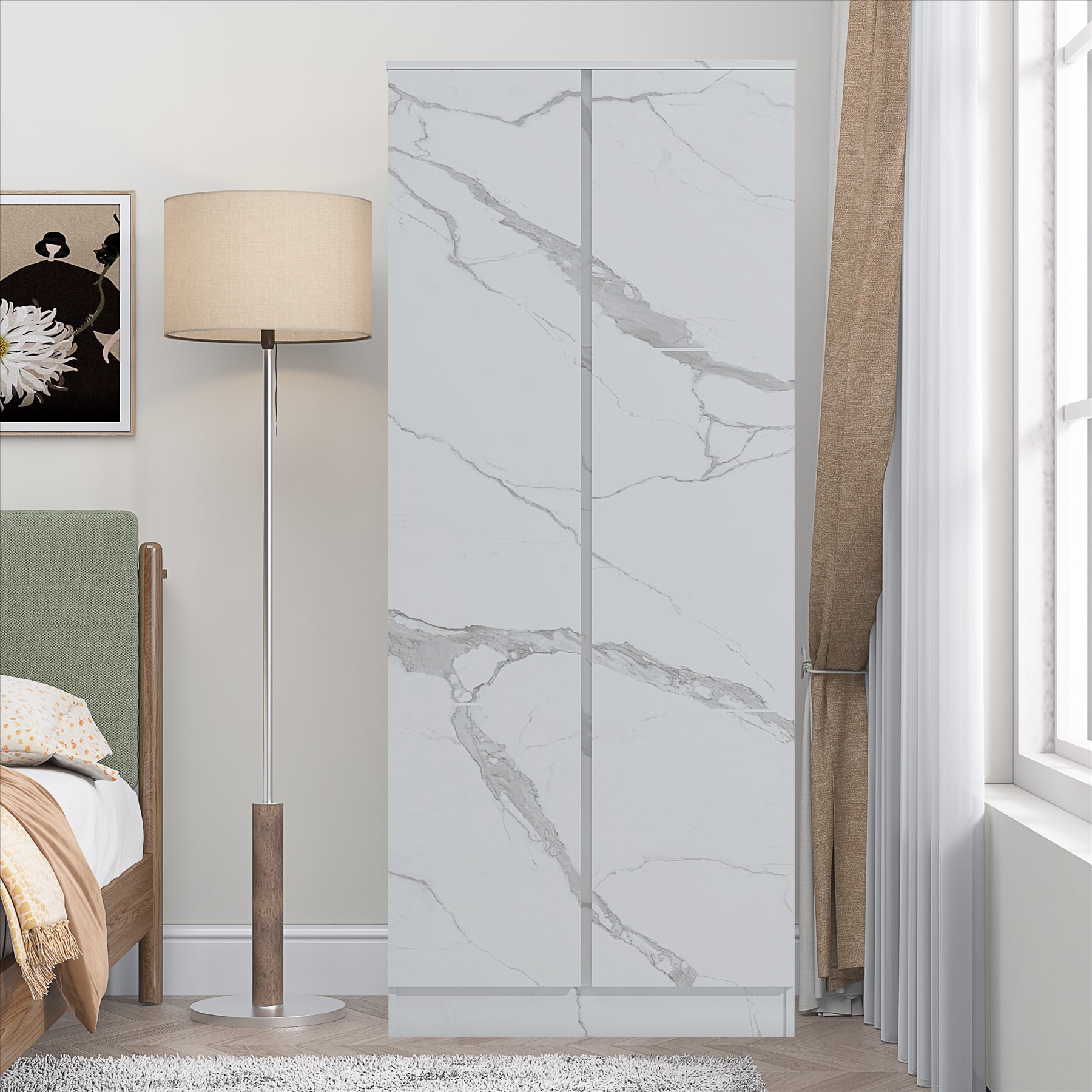 ZITA White Marble Effect 2 Door Plain Wardrobe - Bedroom Storage, Stylish and Spacious