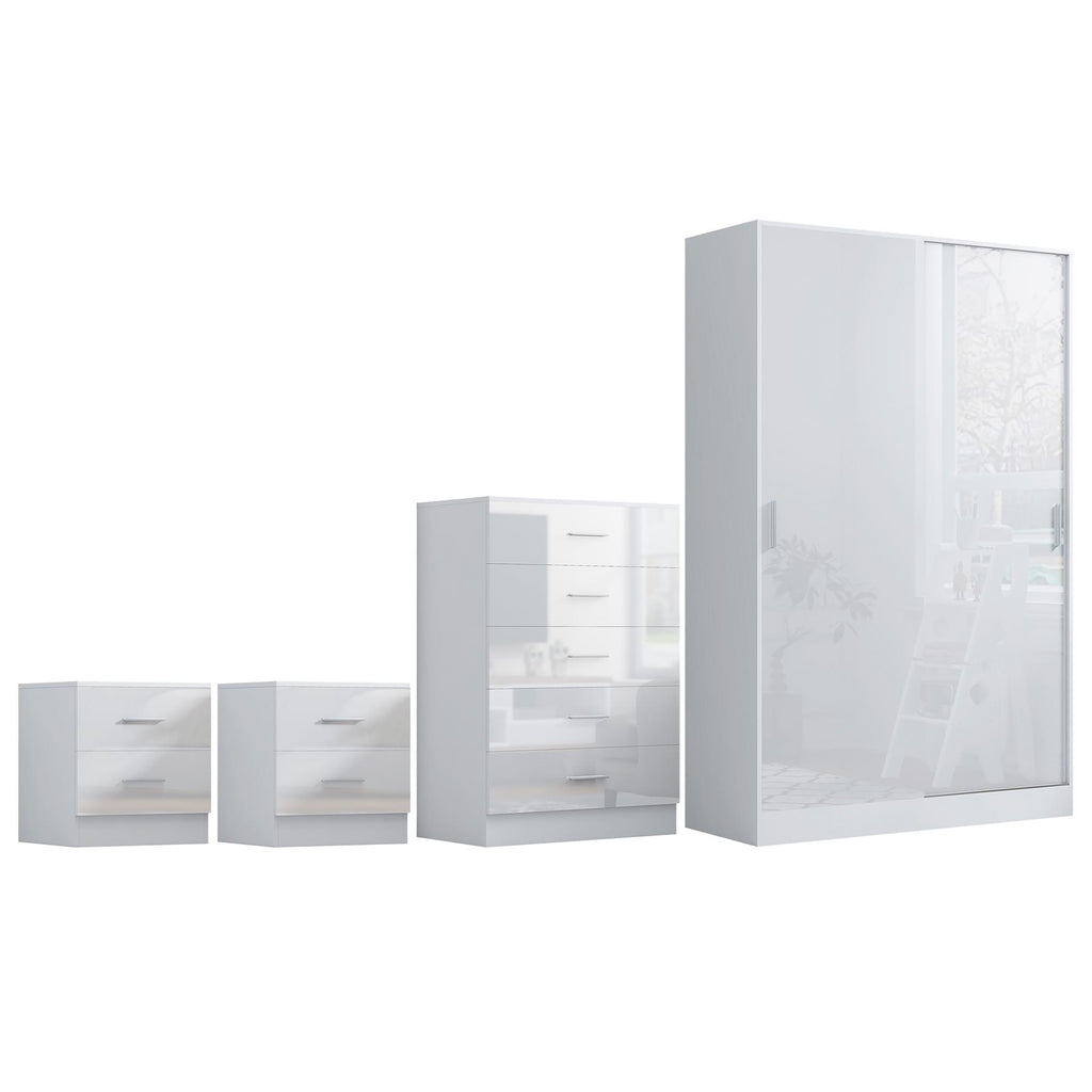 Reflect 2 Door Sliding Wardrobe, 5 Drawer Chest, 2x 2 Drawer Bedsides - White Gloss & Matt White - Modern Bedroom Furniture Set